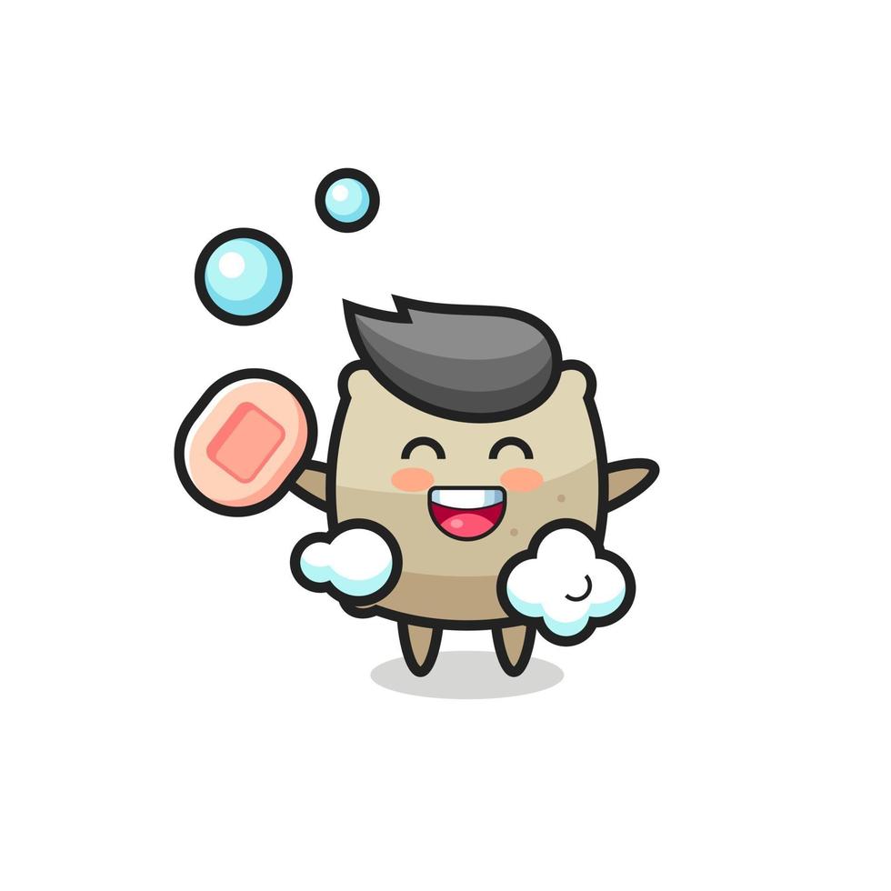 sack character is bathing while holding soap vector