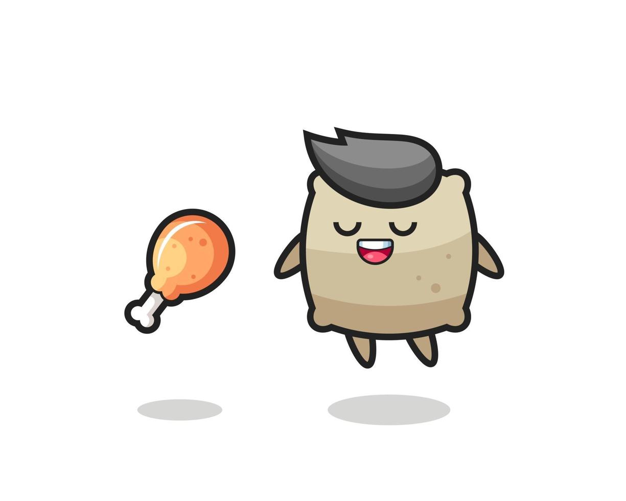 cute sack floating and tempted because of fried chicken vector