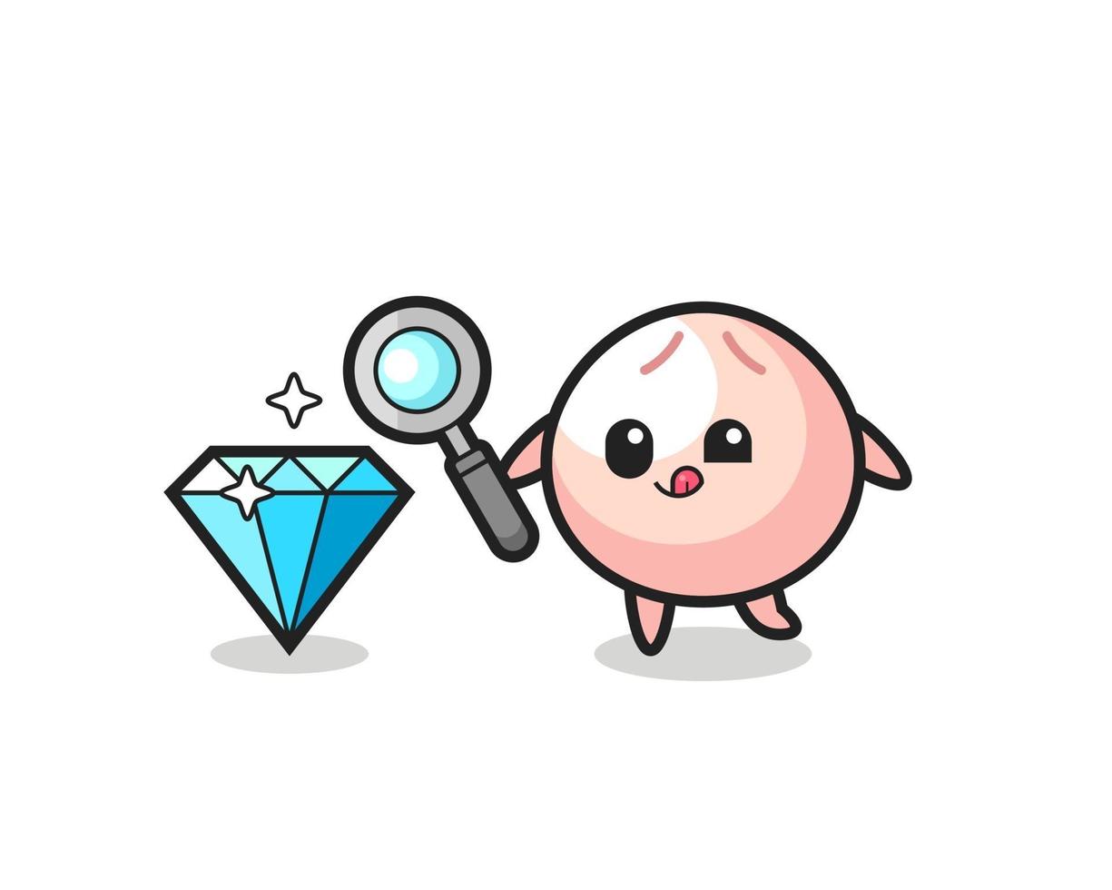 meatbun mascot is checking the authenticity of a diamond vector