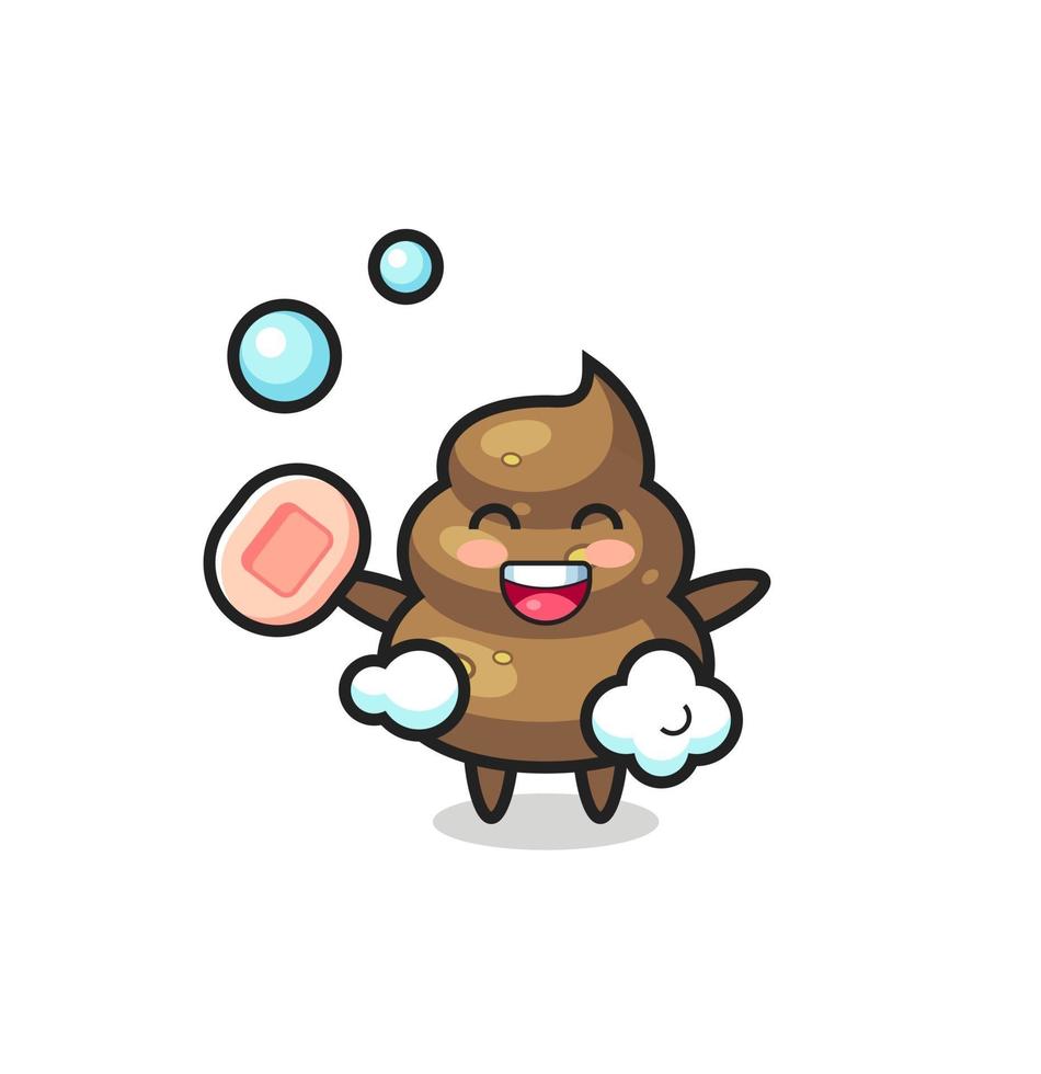 poop character is bathing while holding soap vector