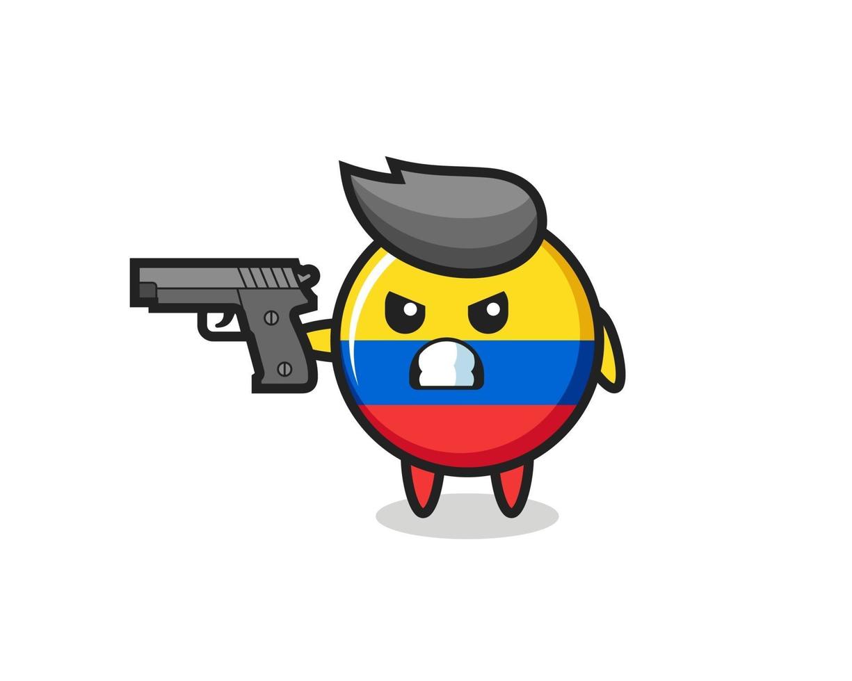 el lindo personaje de la insignia de la bandera de colombia dispara con una pistola vector