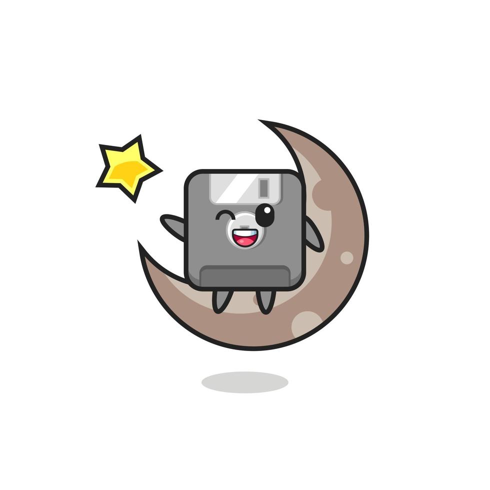 illustration of floppy disk cartoon sitting on the half moon vector