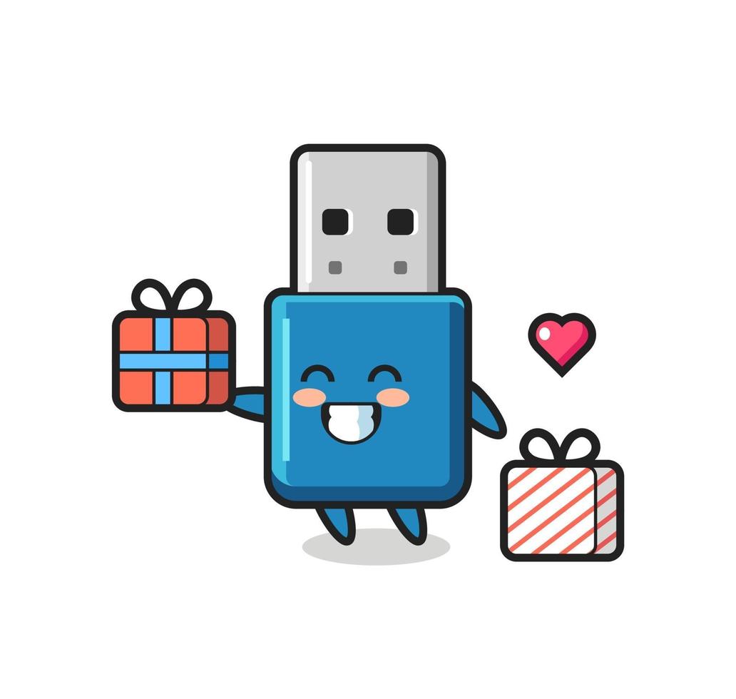flash drive usb mascot cartoon giving the gift vector