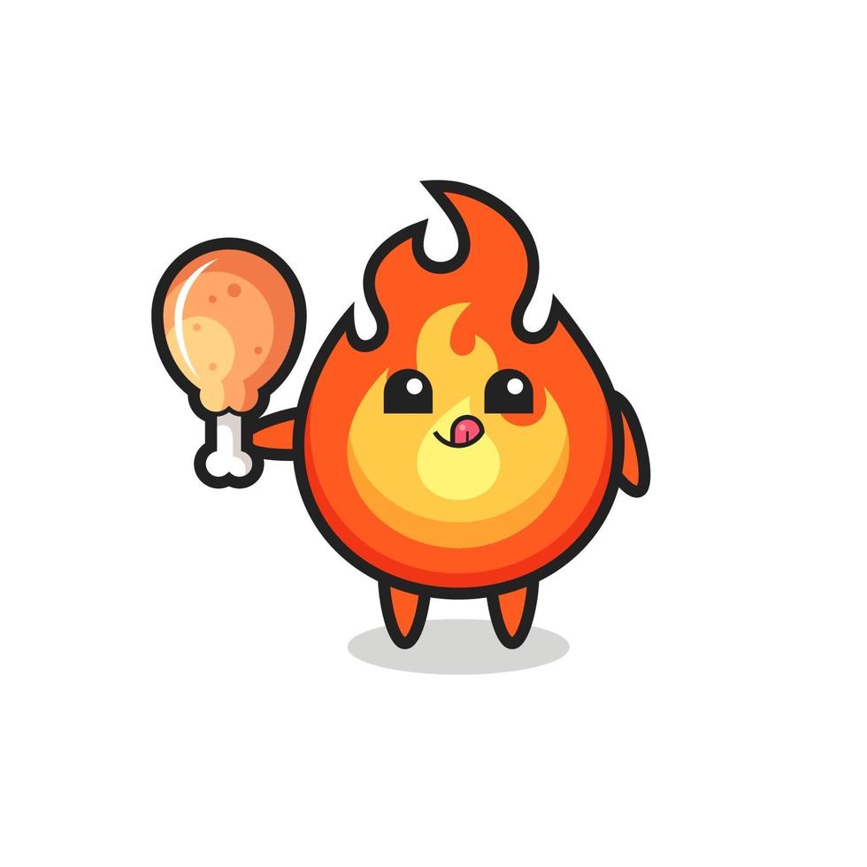 fire cute mascot is eating a fried chicken vector