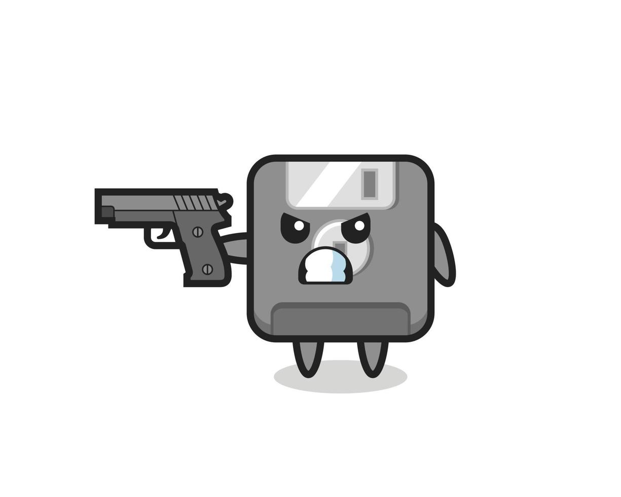 el lindo personaje del disquete dispara con una pistola vector