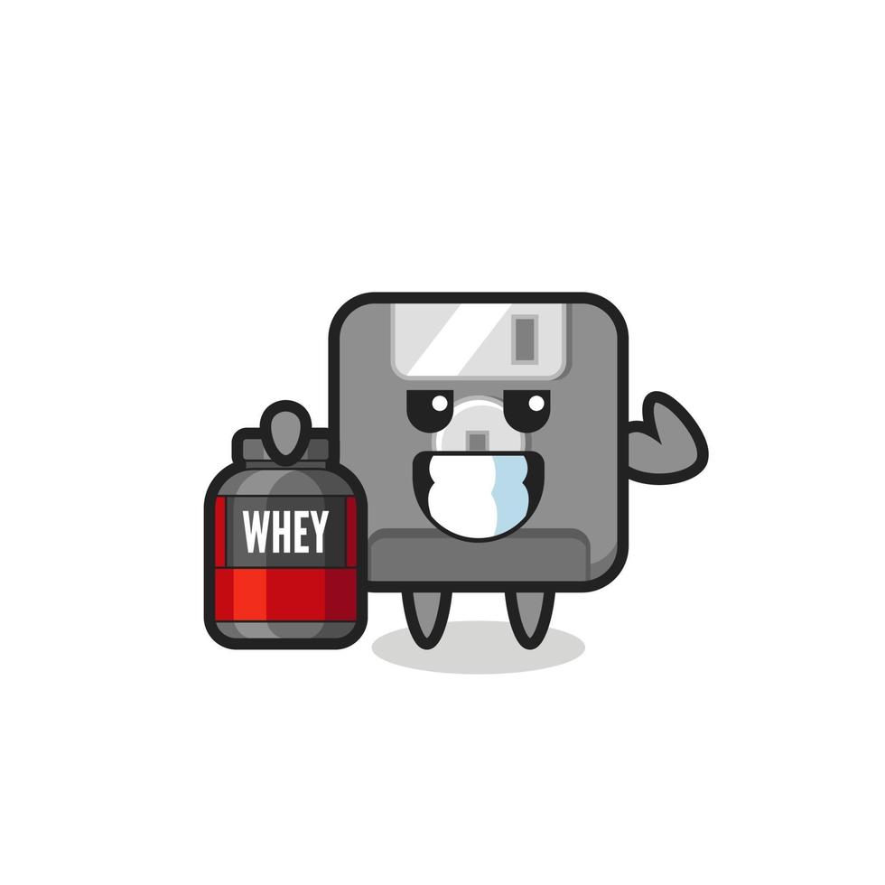 the muscular floppy disk character is holding a protein supplement vector