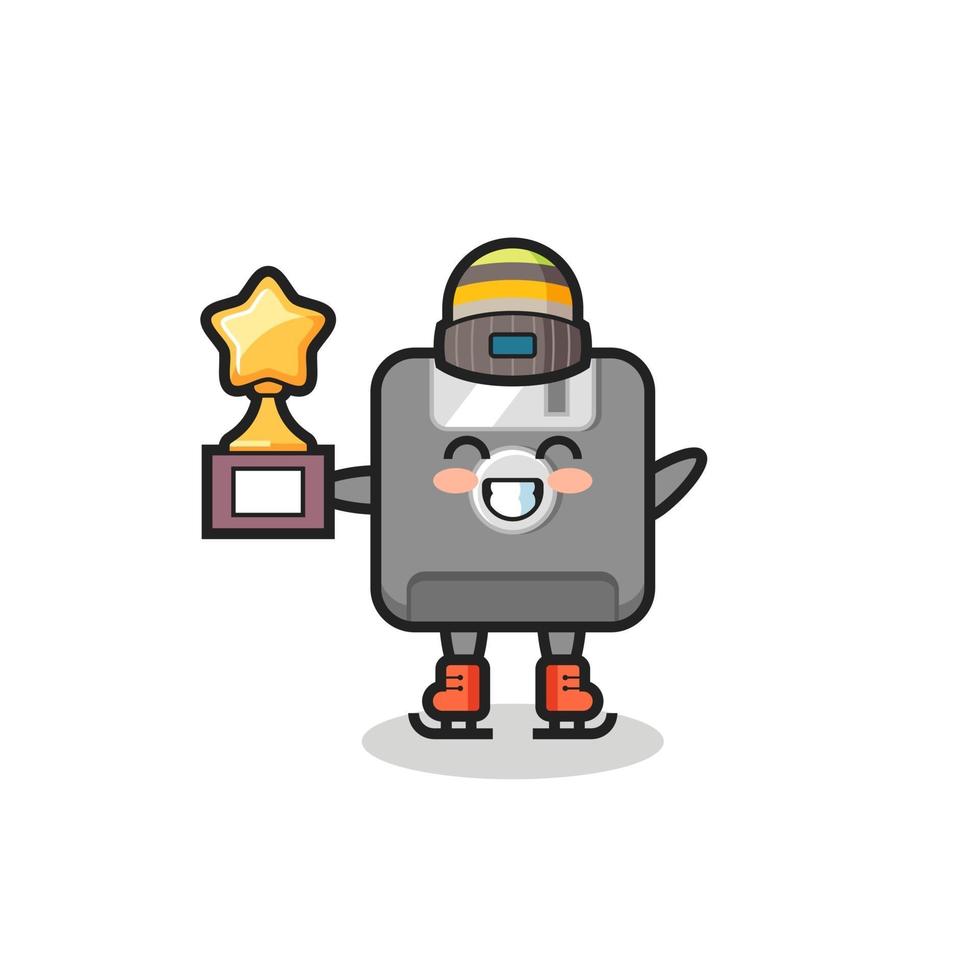 floppy disk cartoon as an ice skating player hold winner trophy vector