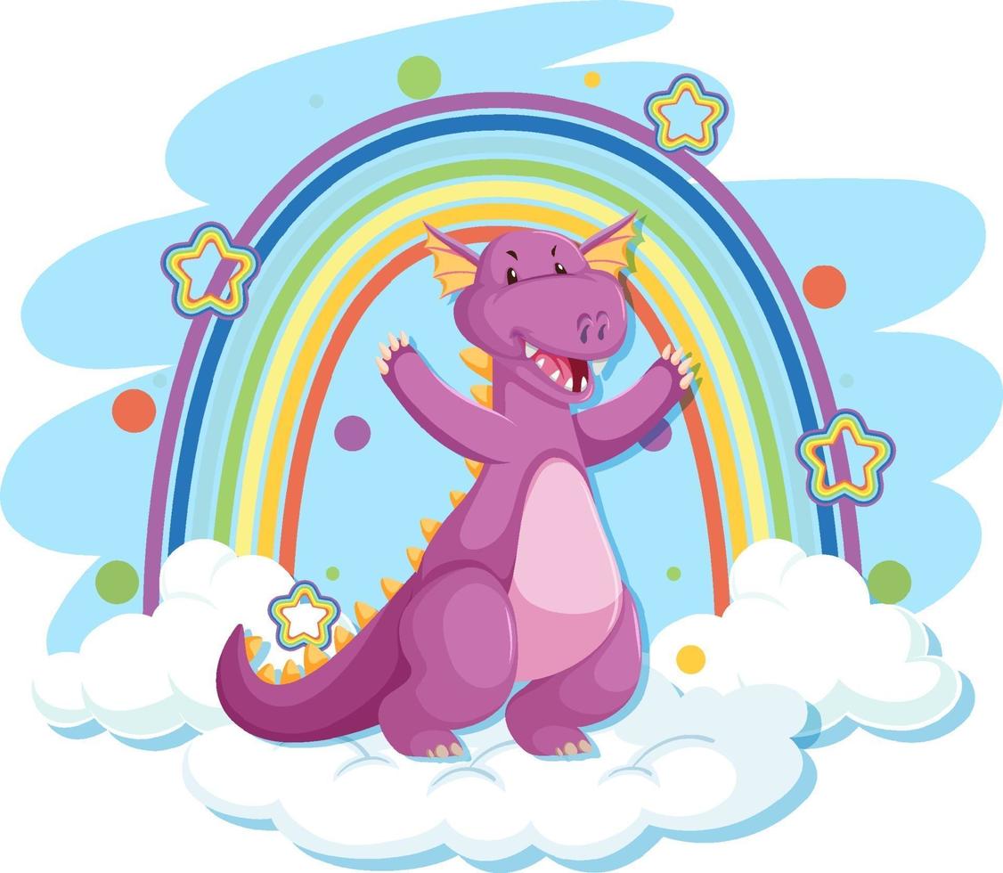 lindo dragón morado en la nube con arcoiris vector