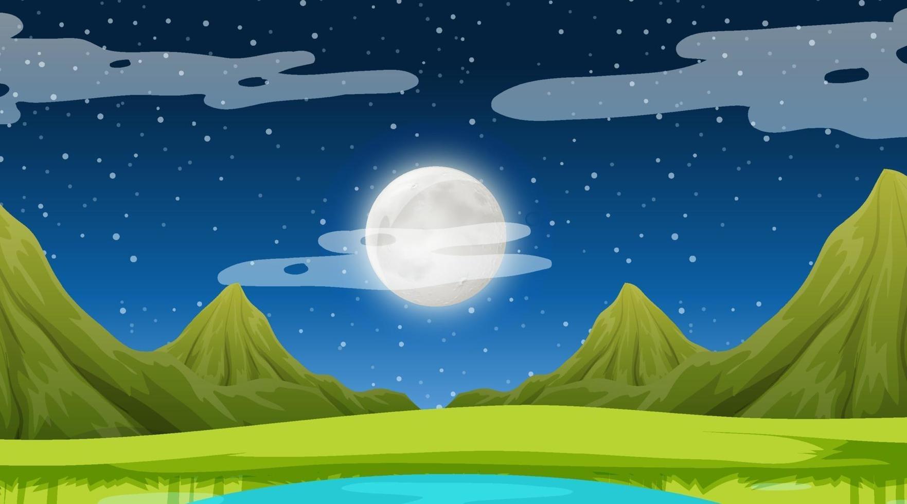 Escena de la naturaleza en la noche con paisaje de pradera y fondo de montaña vector