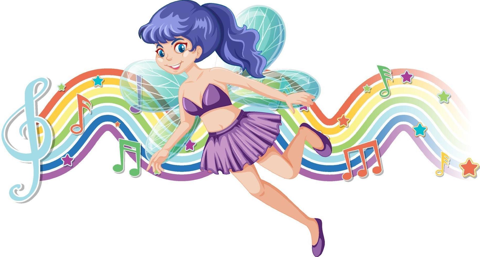 lindo personaje de dibujos animados de hadas con onda de arco iris vector