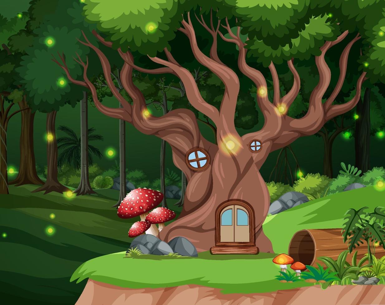 Enchanted forest background with tree house vector