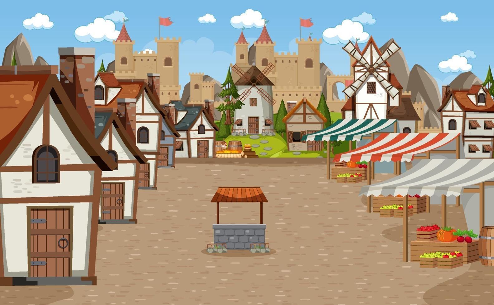 escena de la ciudad medieval con mercado vector