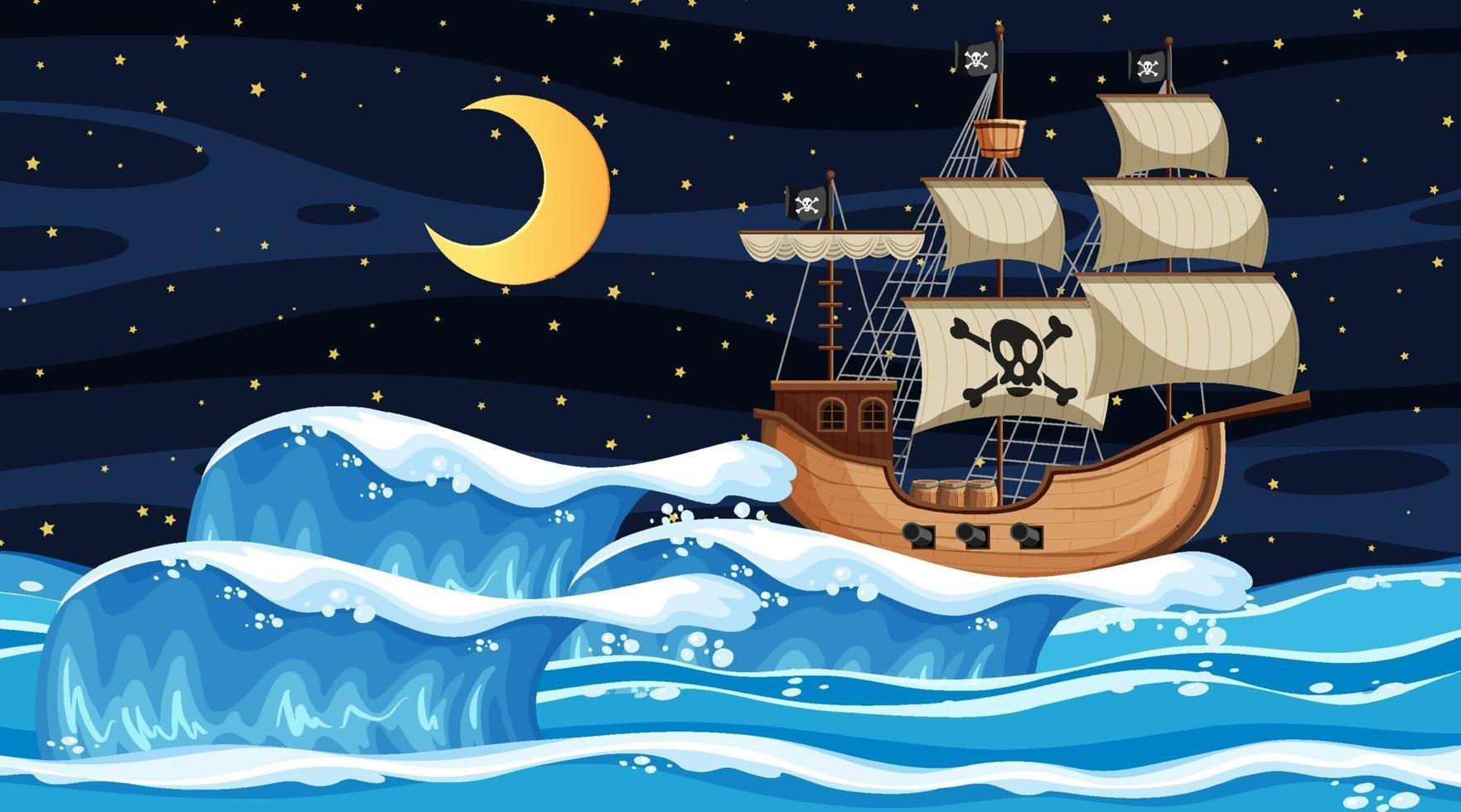 escena del océano en la noche con barco pirata en estilo de dibujos animados vector