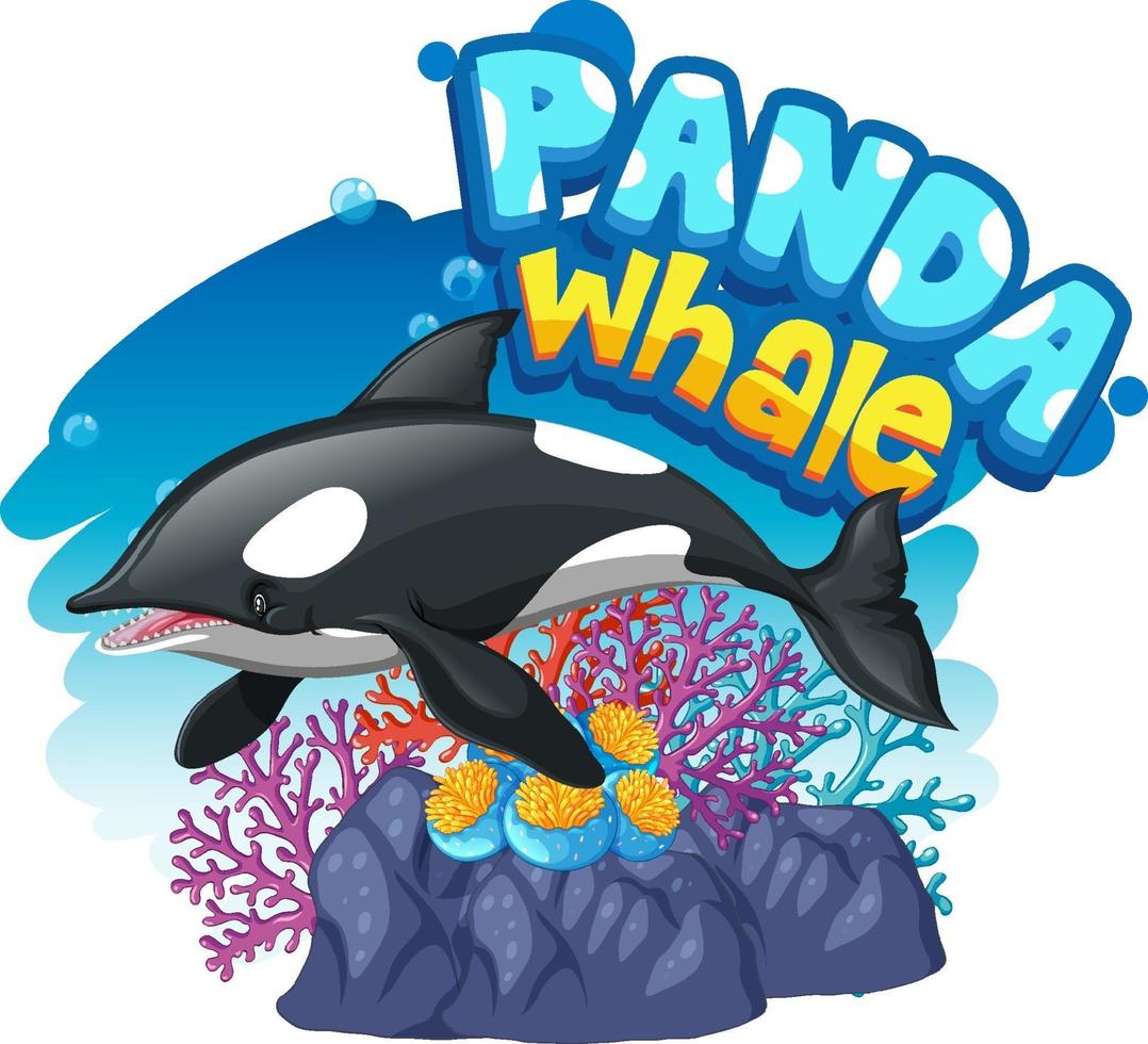 Orca Whale cartoon character with Panda Whale font banner isolated vector