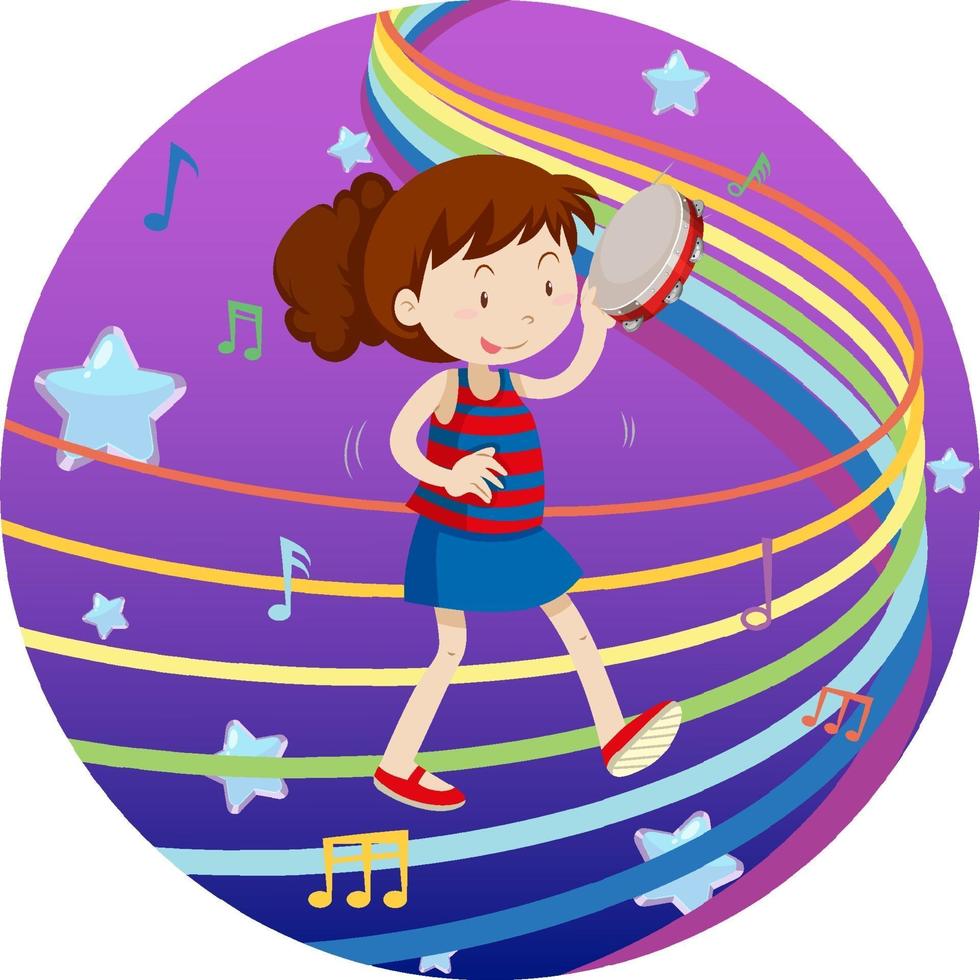 Girl playing tambourine with rainbow melody on gradient background vector