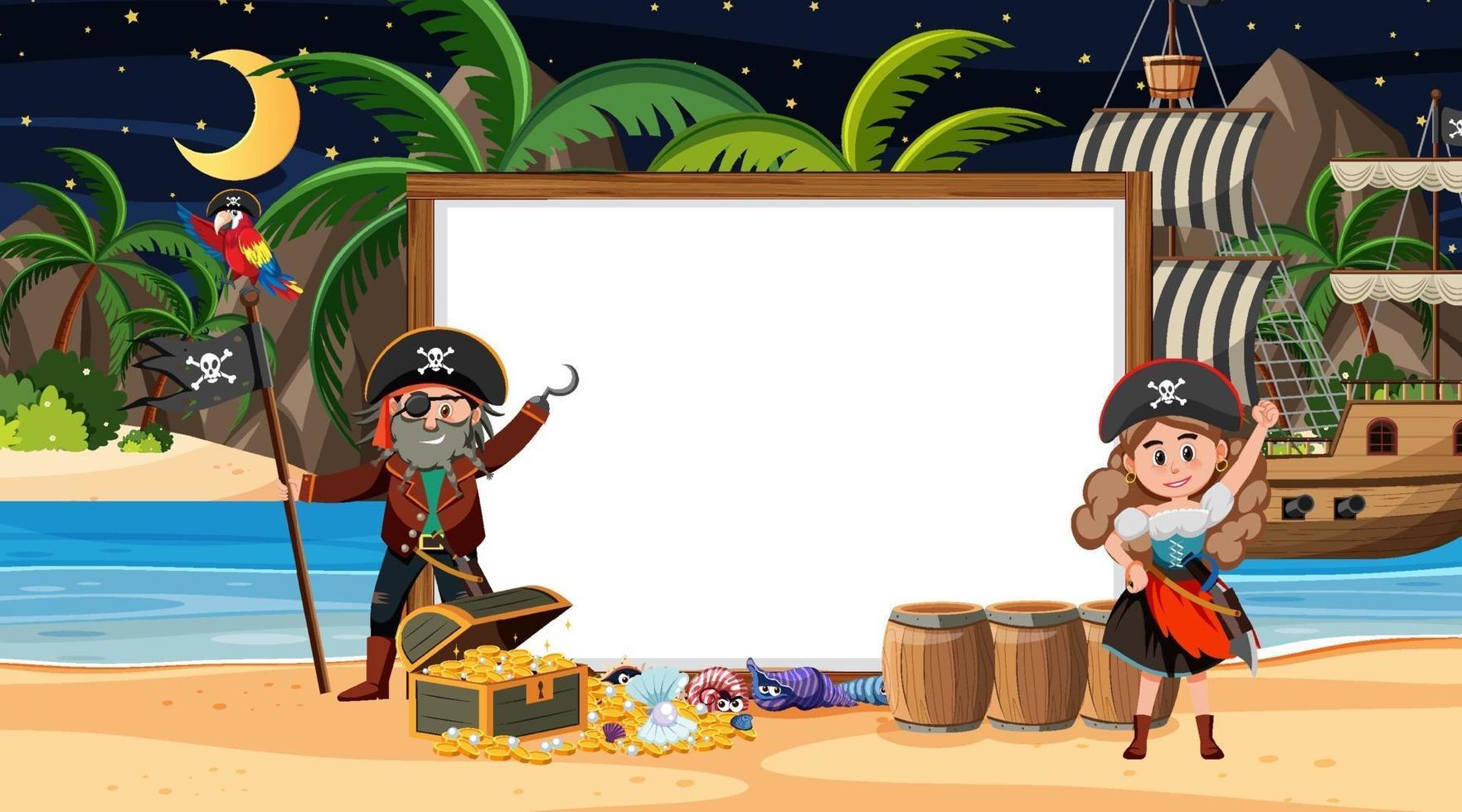 Niños piratas en la escena nocturna de la playa con una plantilla de banner vacía vector