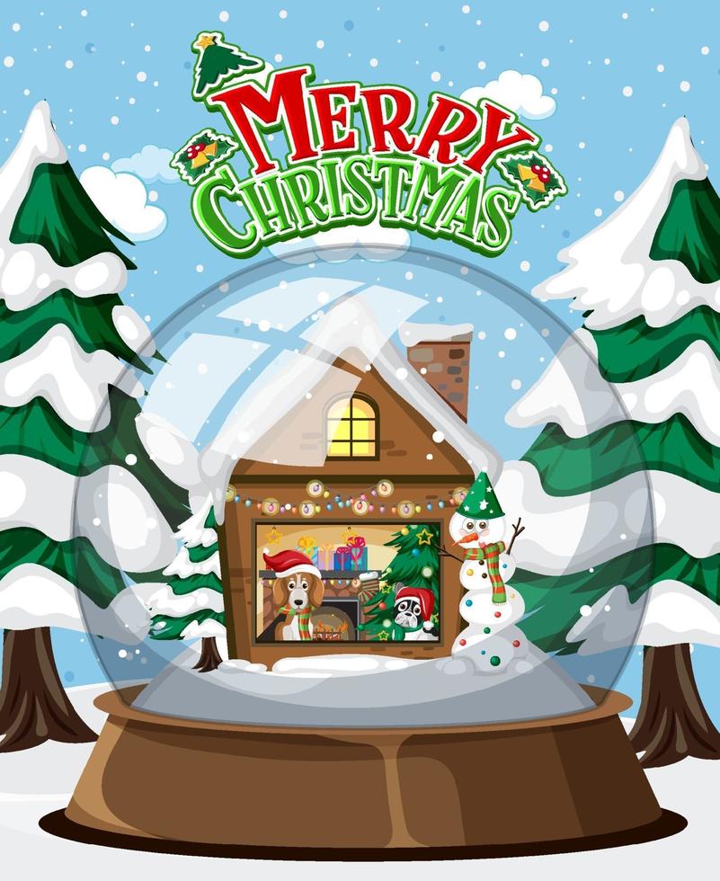 Merry Christmas text logo with house in glass dome winter vector