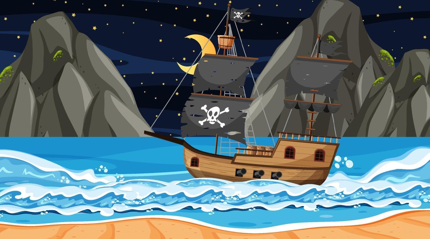 océano con barco pirata en la escena nocturna en estilo de dibujos animados vector