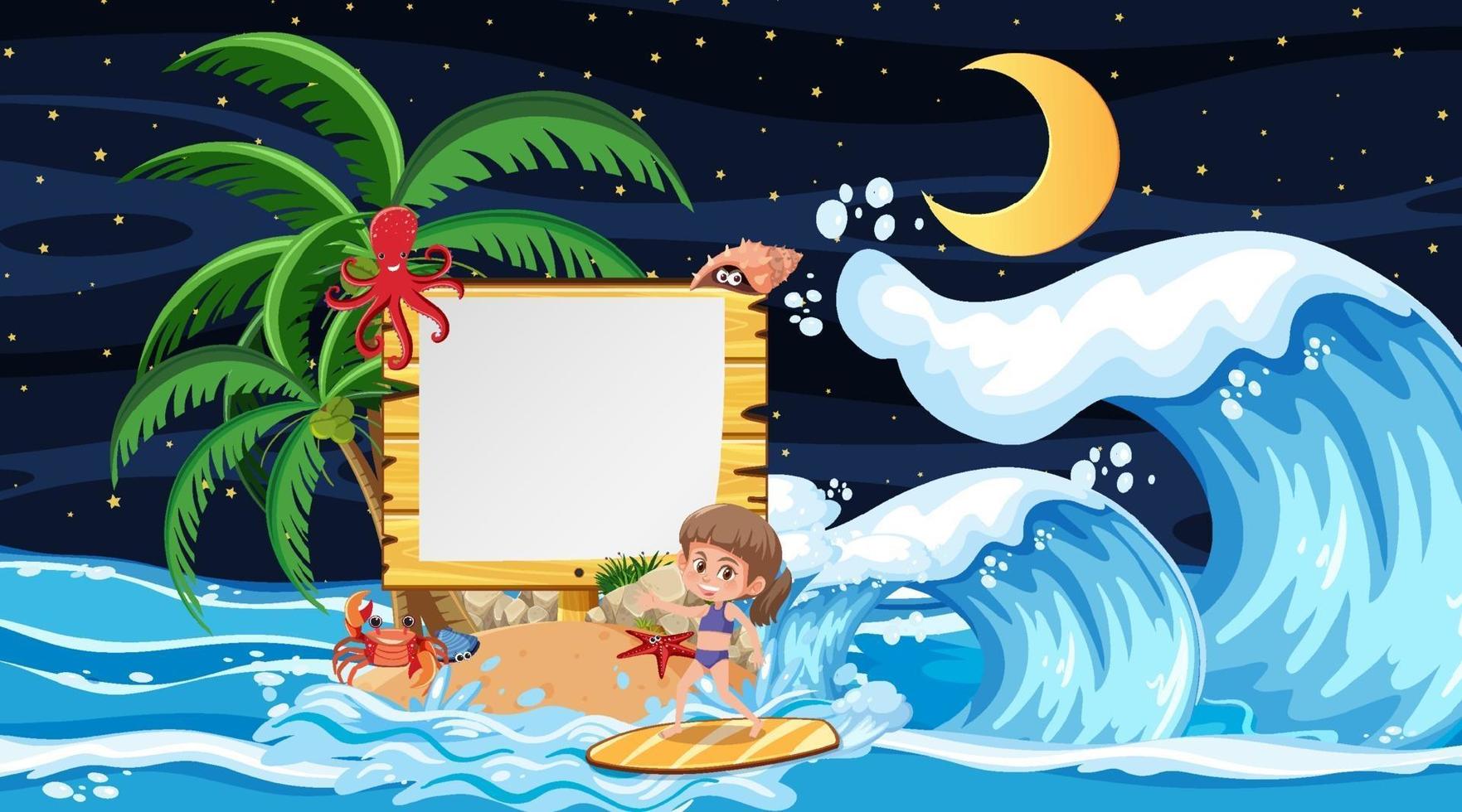 Kids on vacation at the beach night scene with an empty banner vector