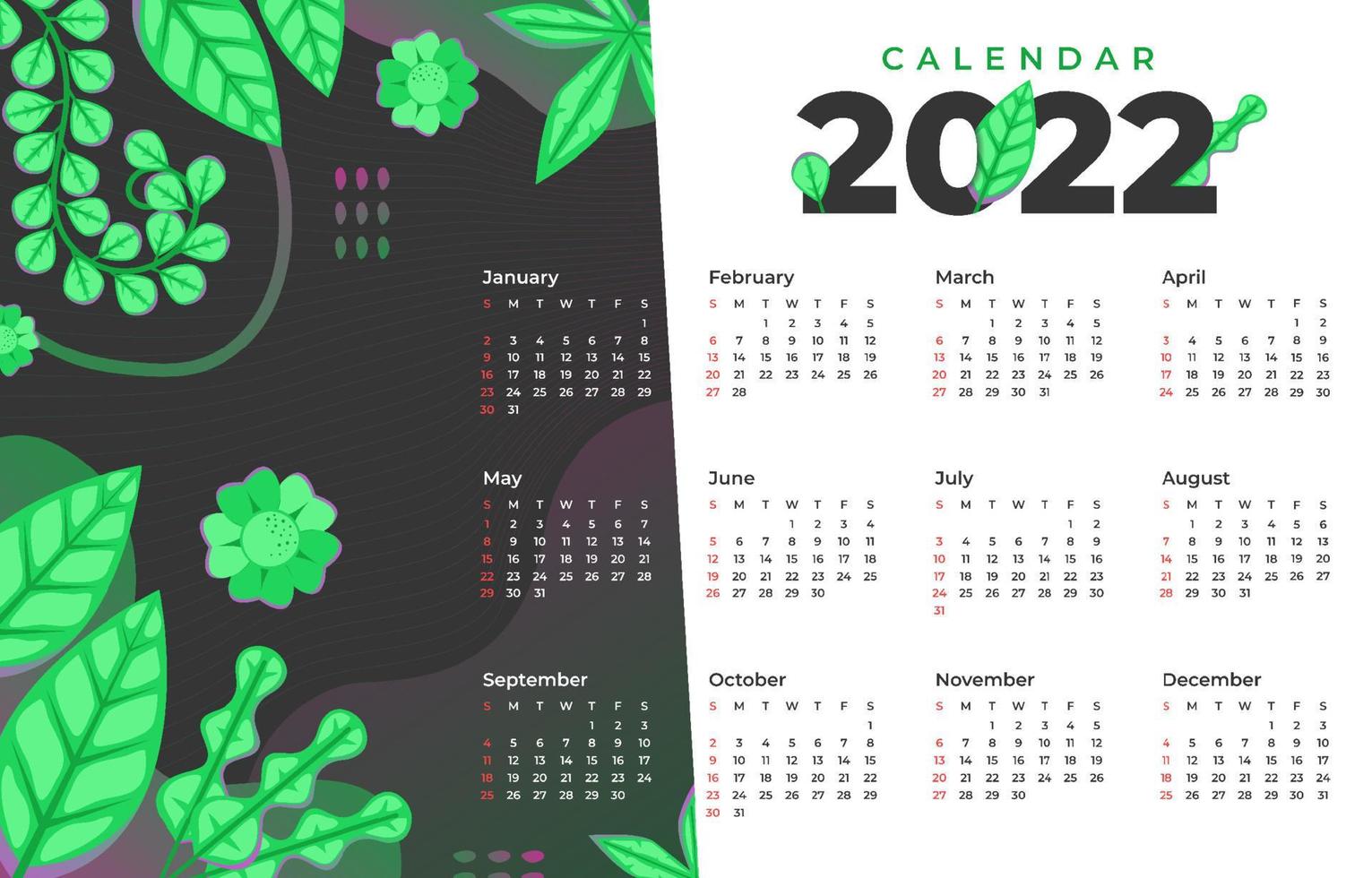 plantilla de calendario verde 2022 vector
