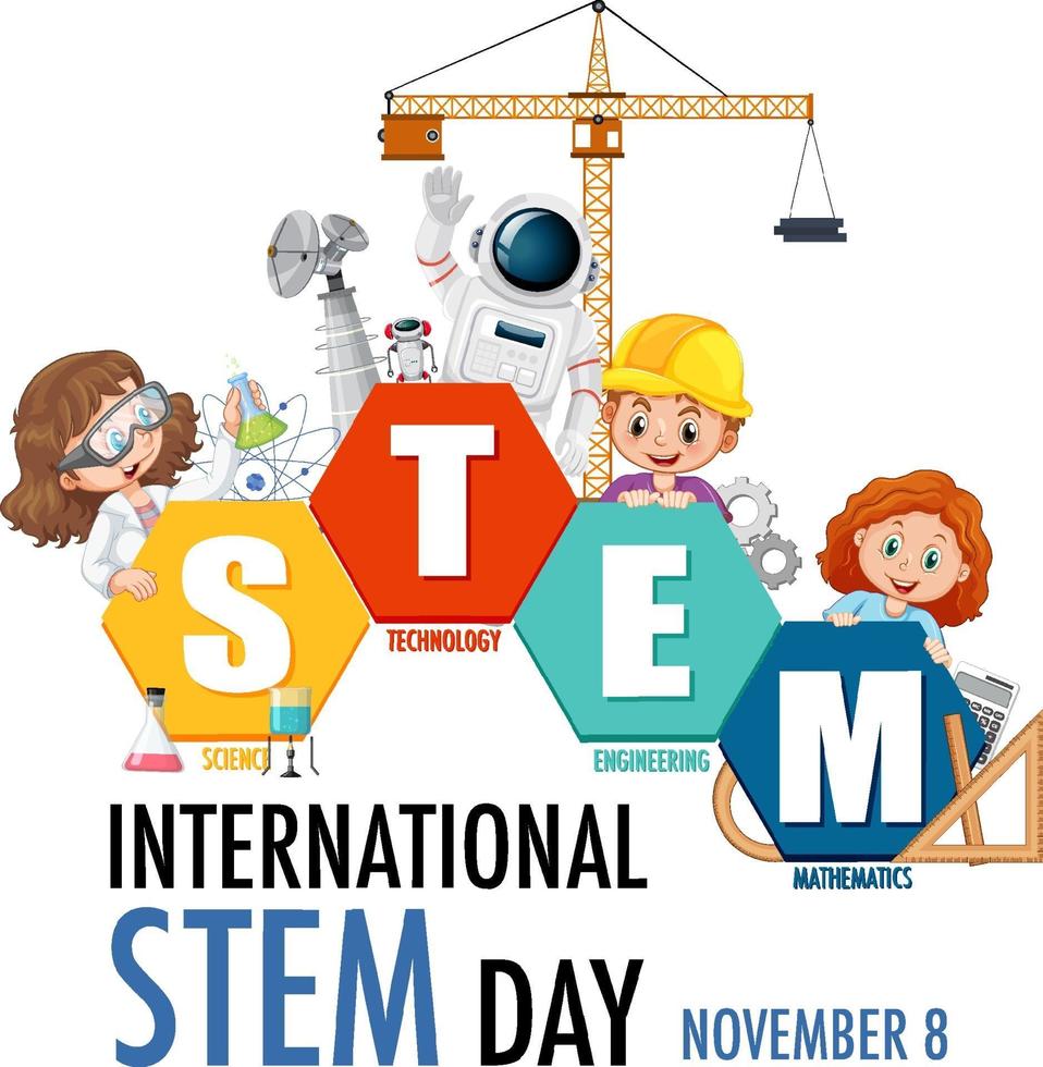 International STEM Day banner with kids cartoon character vector