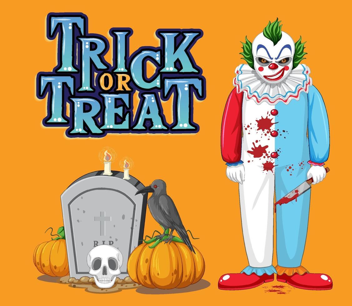 Trick or Treat text design with creepy clown vector