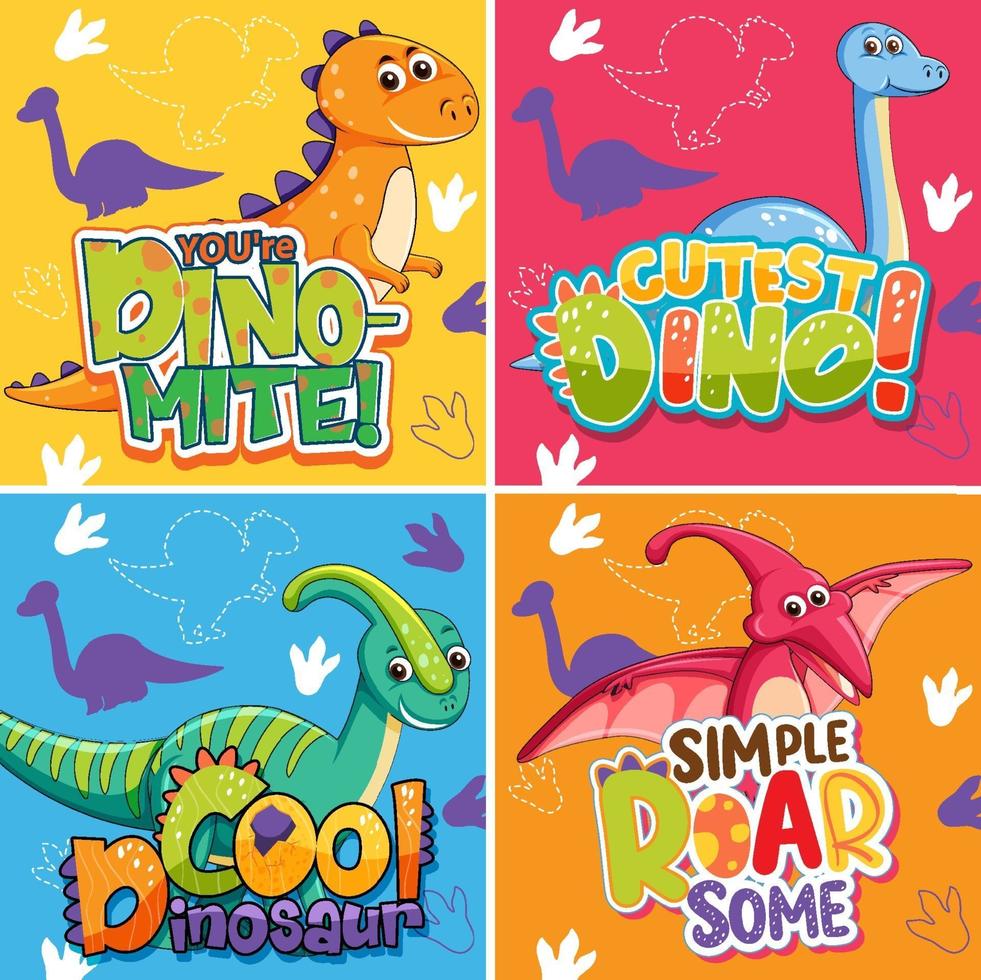 Set of different cute dinosaur posters with speech font vector