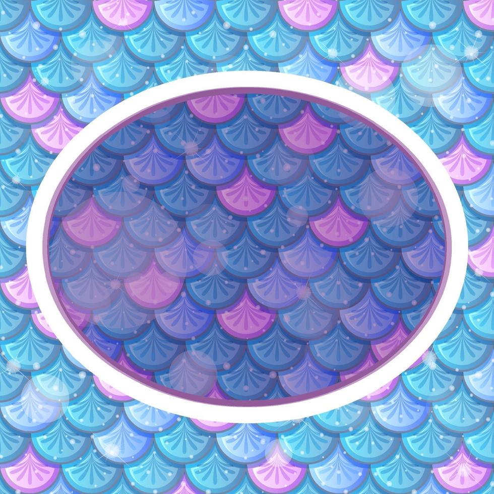 Oval frame template on blue rainbow fish scales background vector