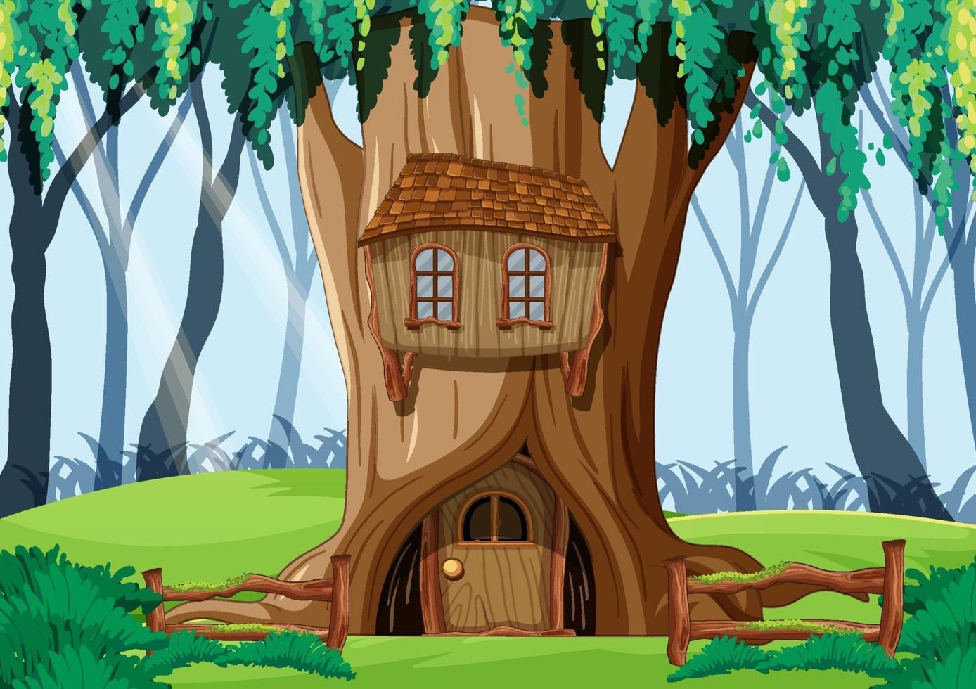 Forest scene with tree house inside the tree trunk vector