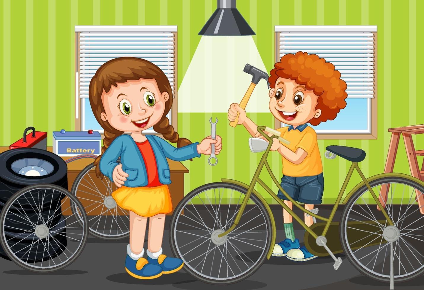 escena con niños reparando bicicleta juntos. vector