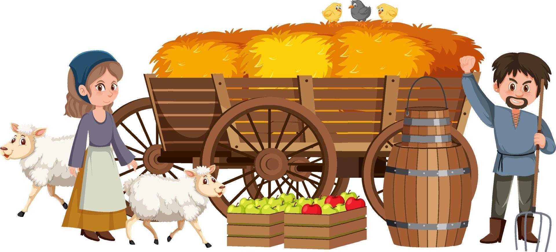 Couple medieval peasants with haystack in a cart vector