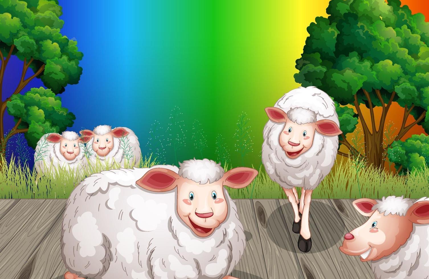 Many sheeps cartoon character on rainbow gradient background vector