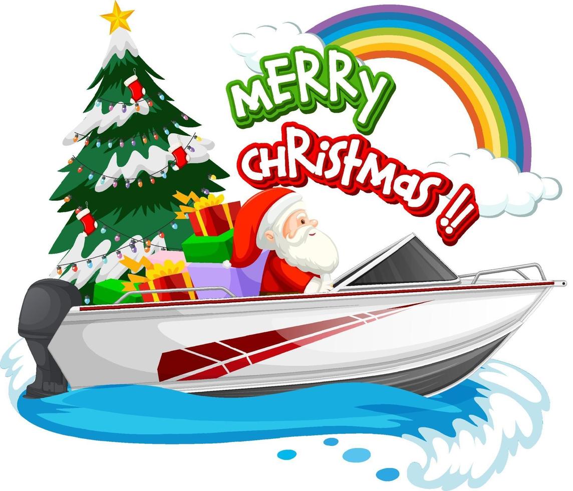 Santa Claus driving speed boat with merry christmas object vector