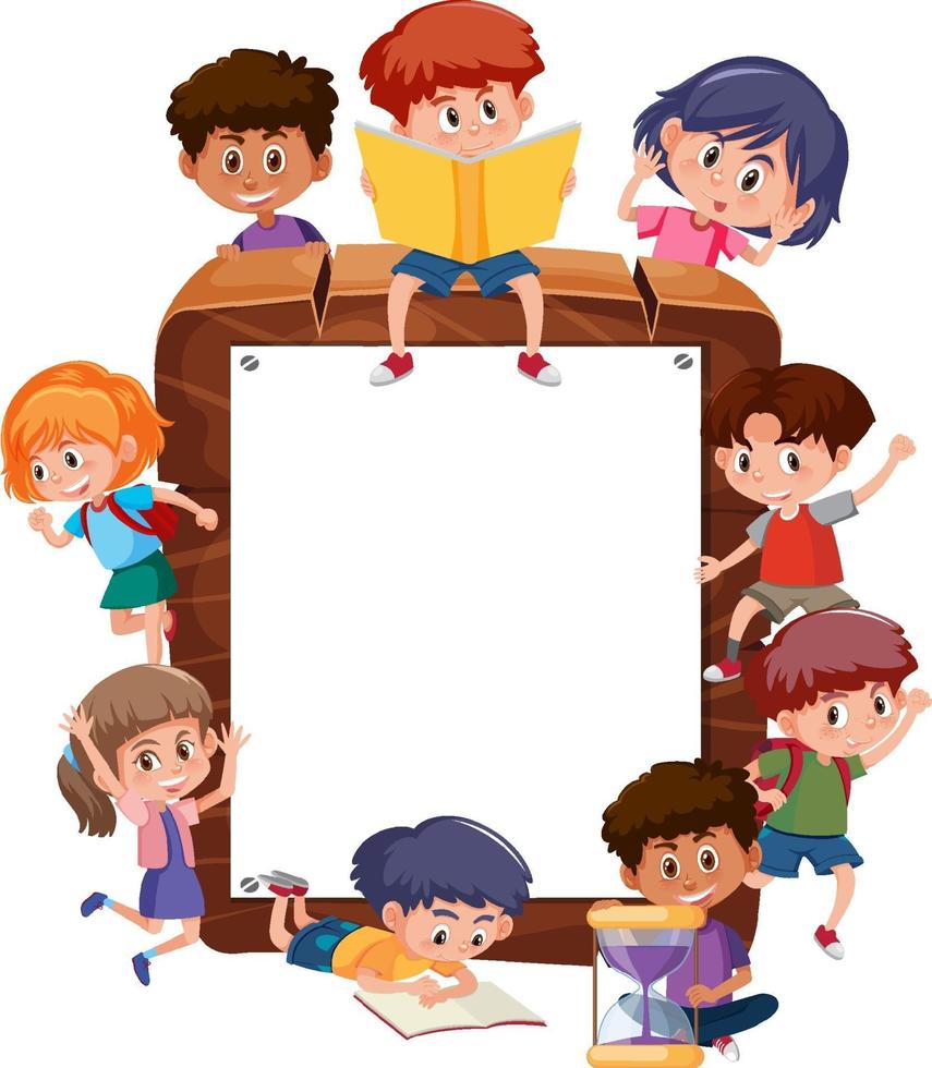 Empty wooden frame with many children cartoon character vector