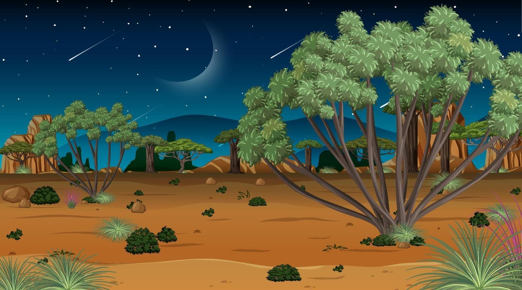 Escena del paisaje del bosque de la sabana africana en la noche vector