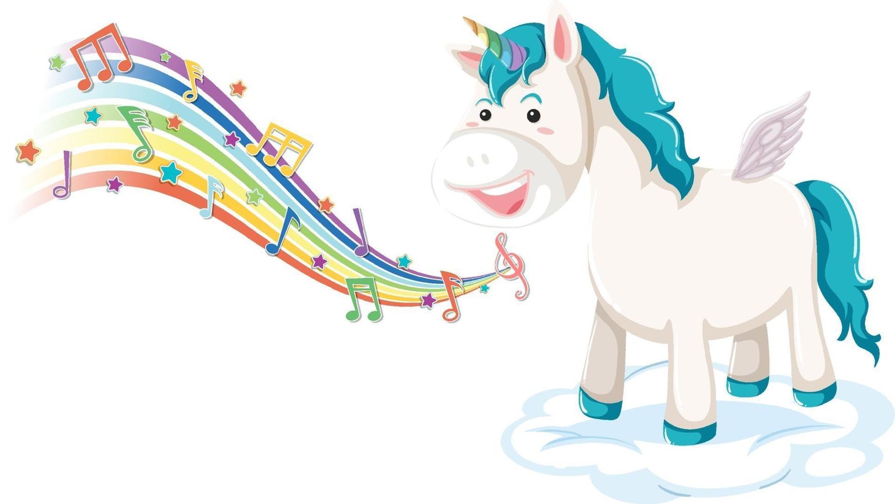 Cute pegasus standing on the cloud with melody symbols on rainbow vector