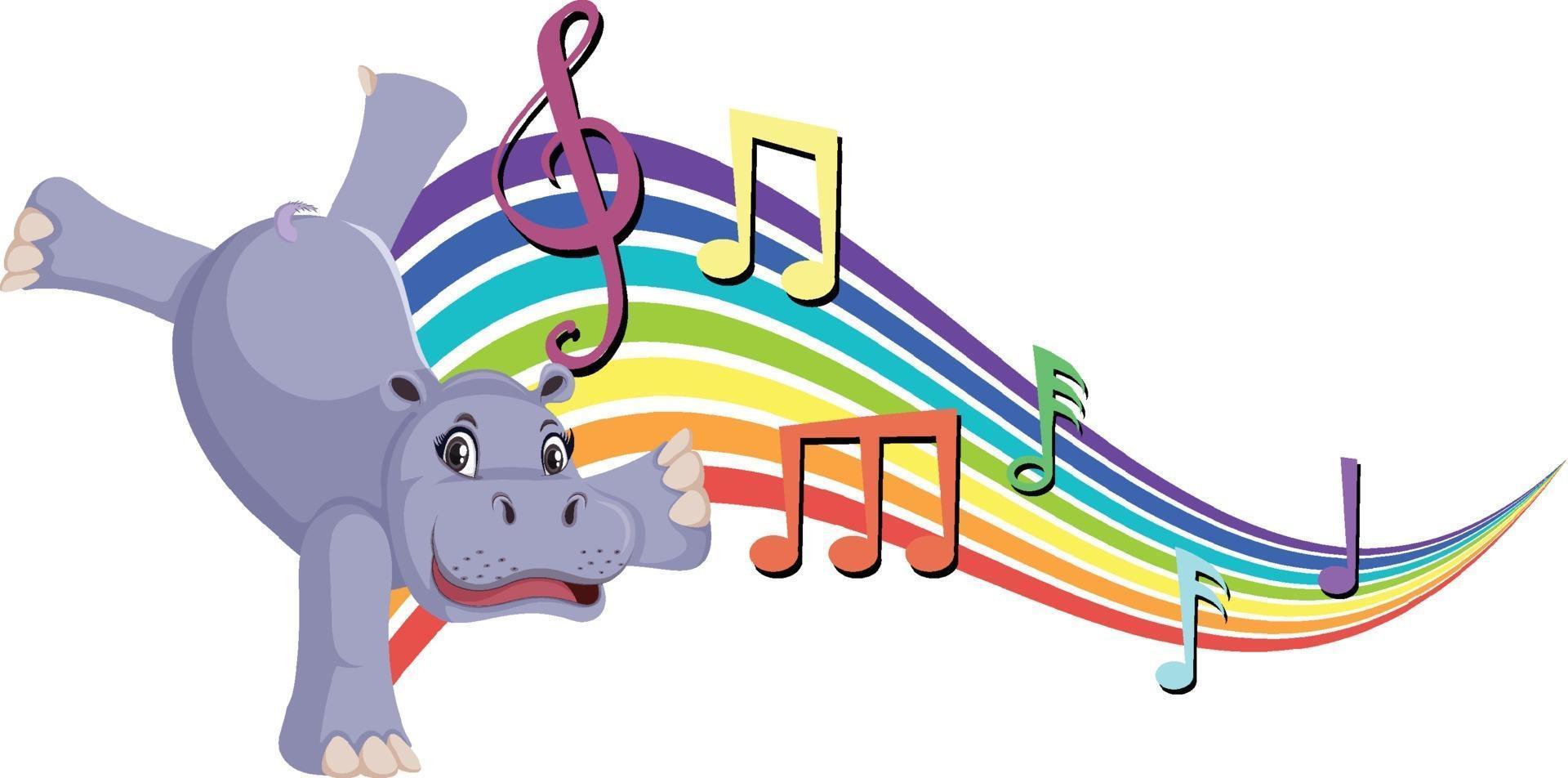 hipopótamo bailando con símbolos de melodía en arco iris vector
