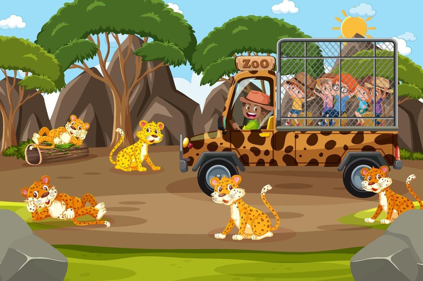 Safari scene with kids on tourist car watching leopard group vector