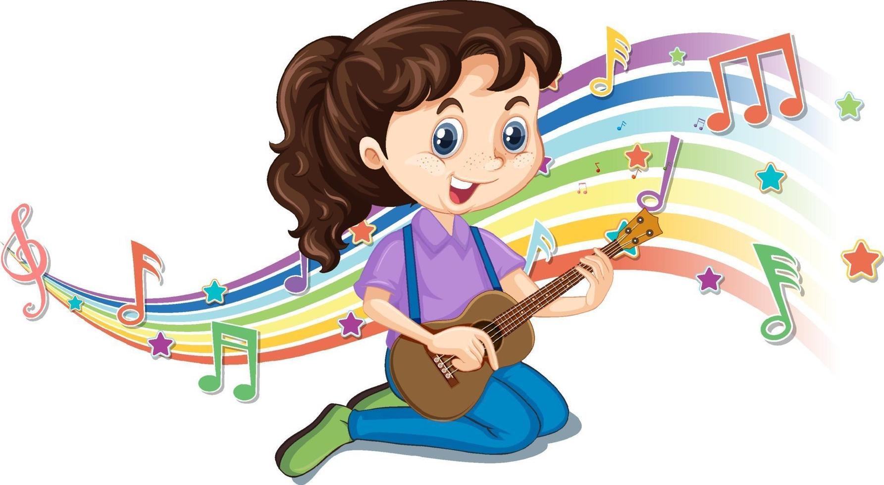 Girl playing guitar with melody symbols on rainbow wave vector
