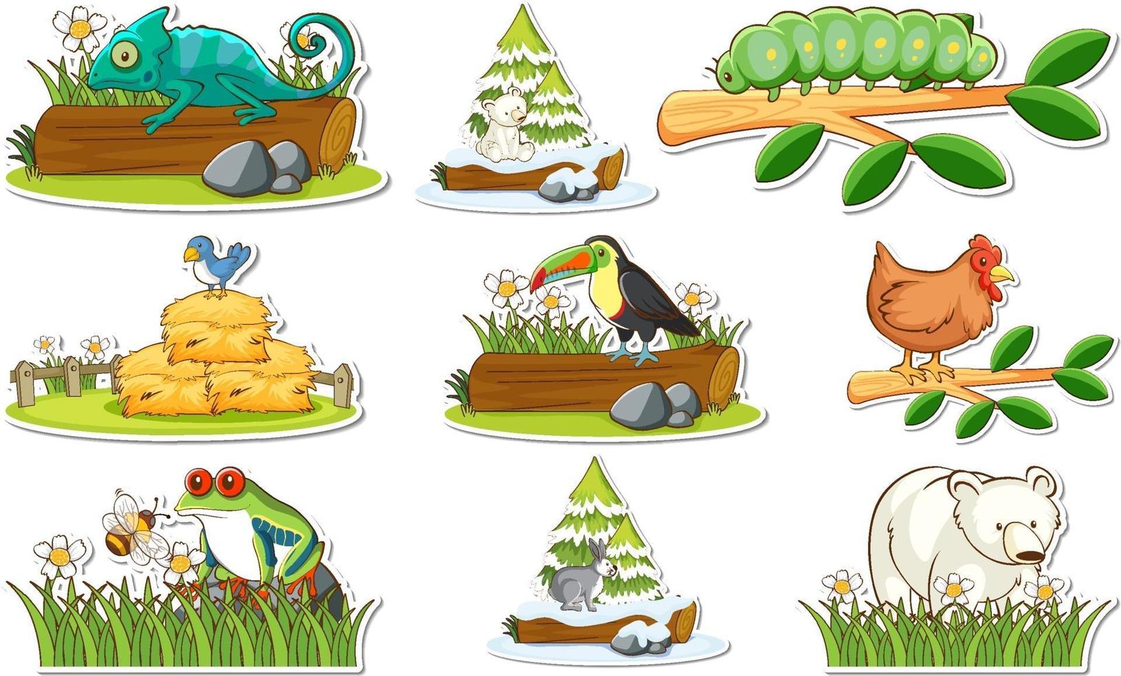 Sticker set with different wild animals and nature elements vector