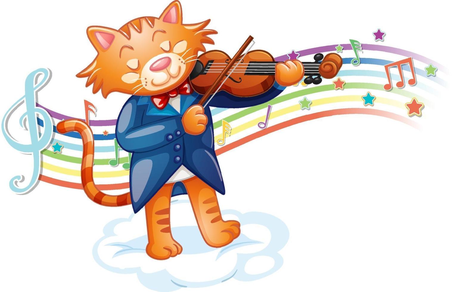 Cat playing violin with melody symbols on rainbow wave vector