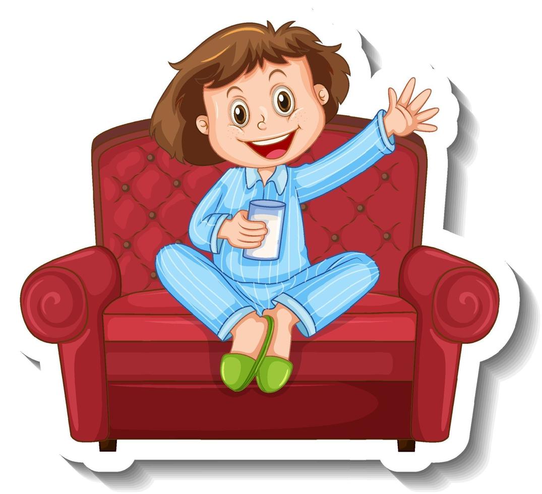 Sticker template with little girl in pajamas and sitting on sofa vector