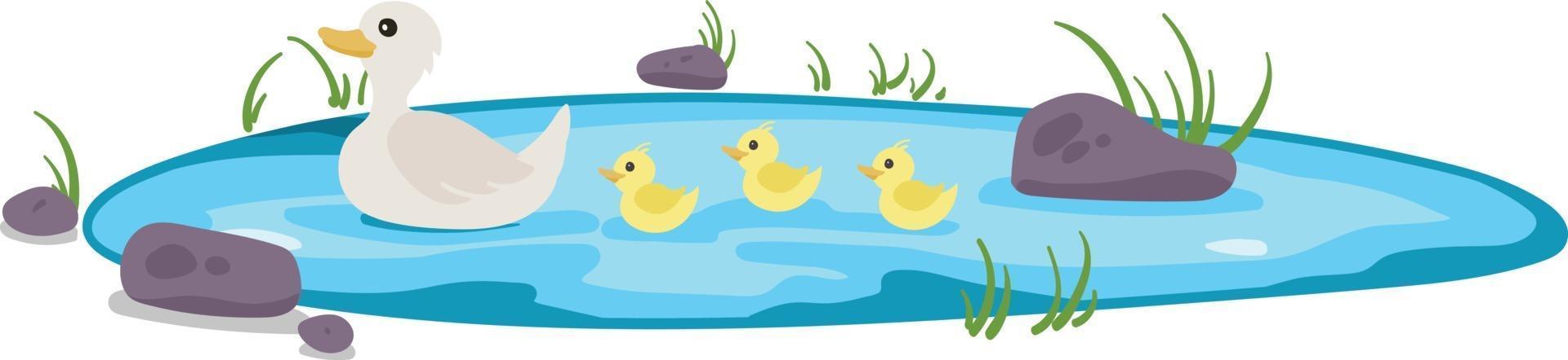 Cute ducklings following mama duck vector illustration isolated