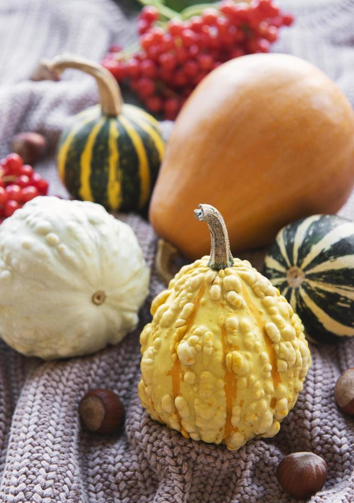 un rústico bodegón otoñal con calabazas foto