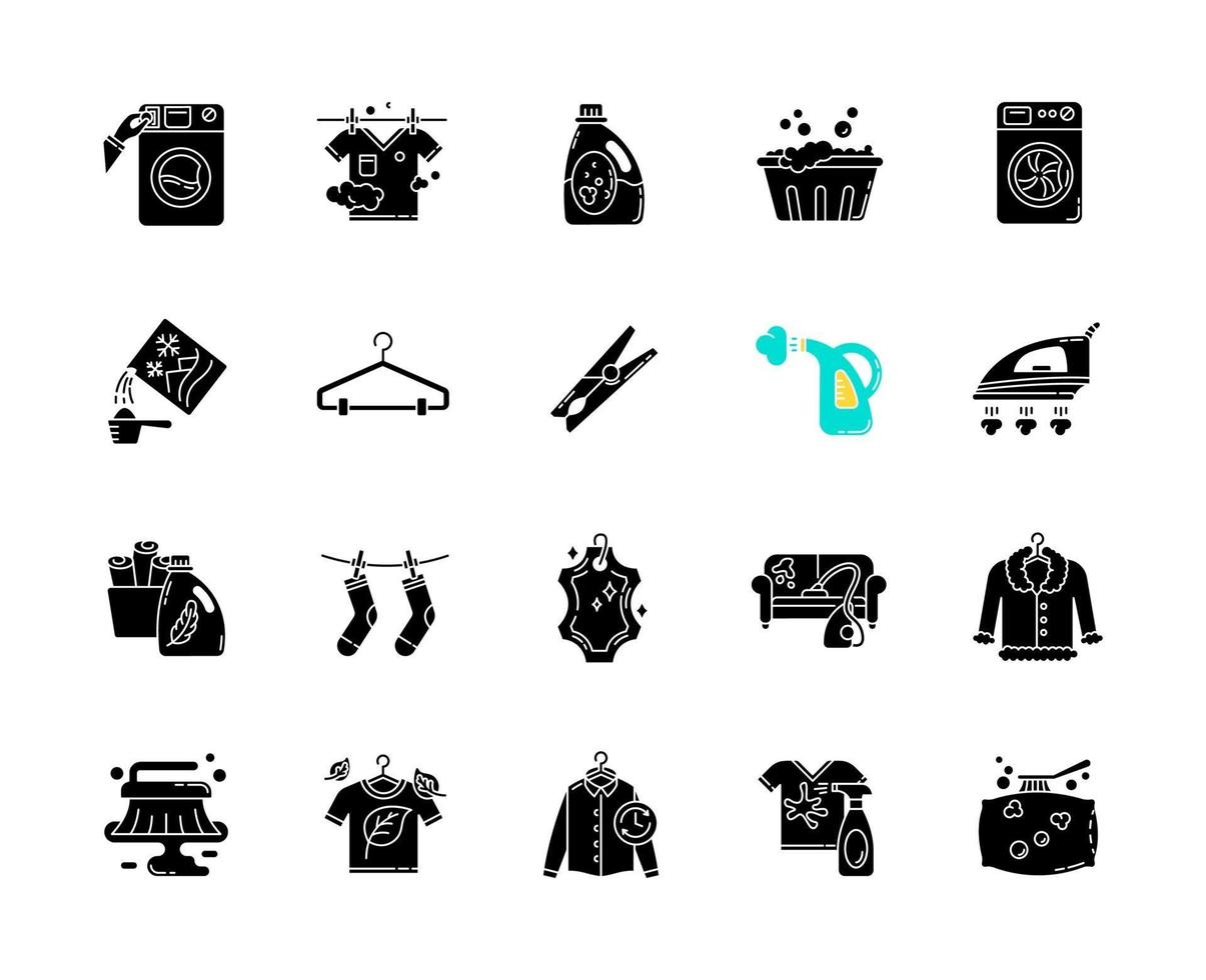 Laundry types and equipment black glyph icons set on white space vector