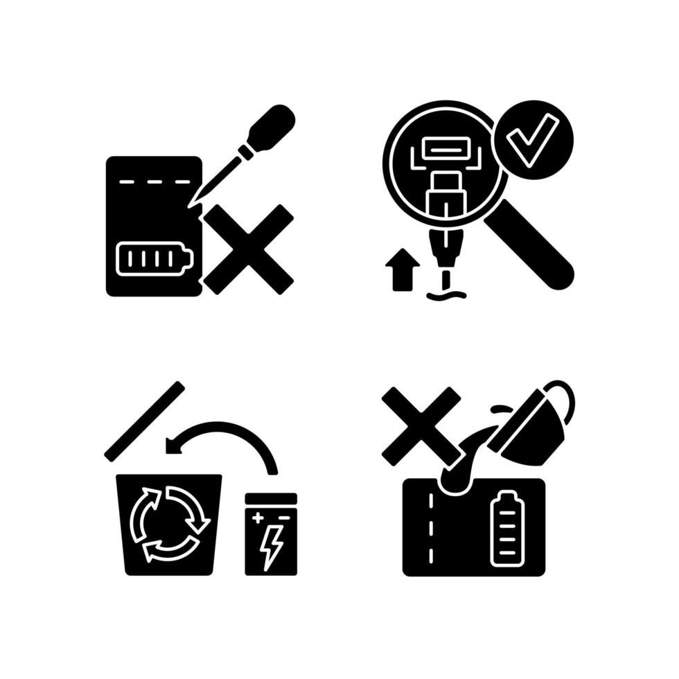 Portable charger guidelines black glyph manual label icons set vector