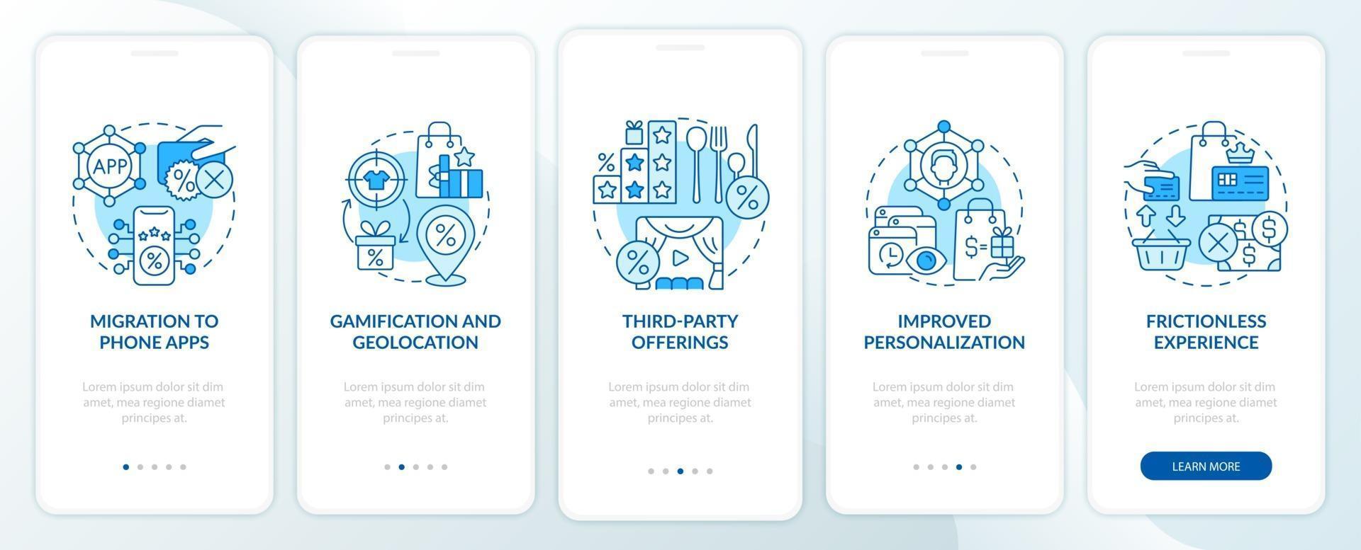 Loyalty programs trends blue onboarding mobile app page screen vector