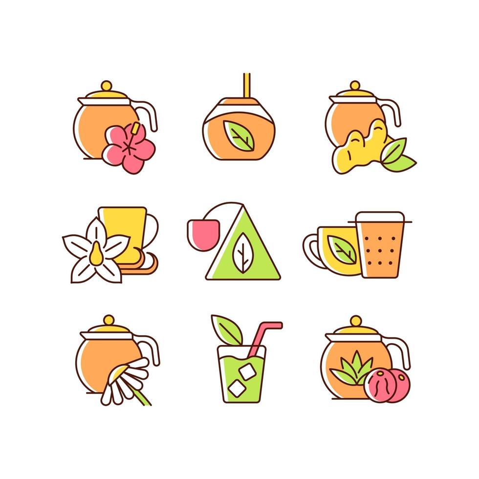Tea and tea-like beverages RGB color icons set vector