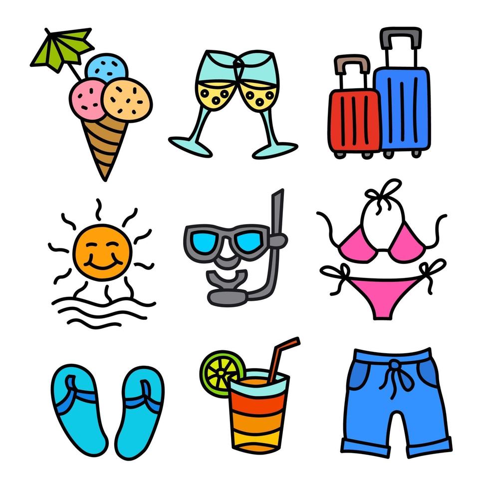beach resort colorful outline icons vector