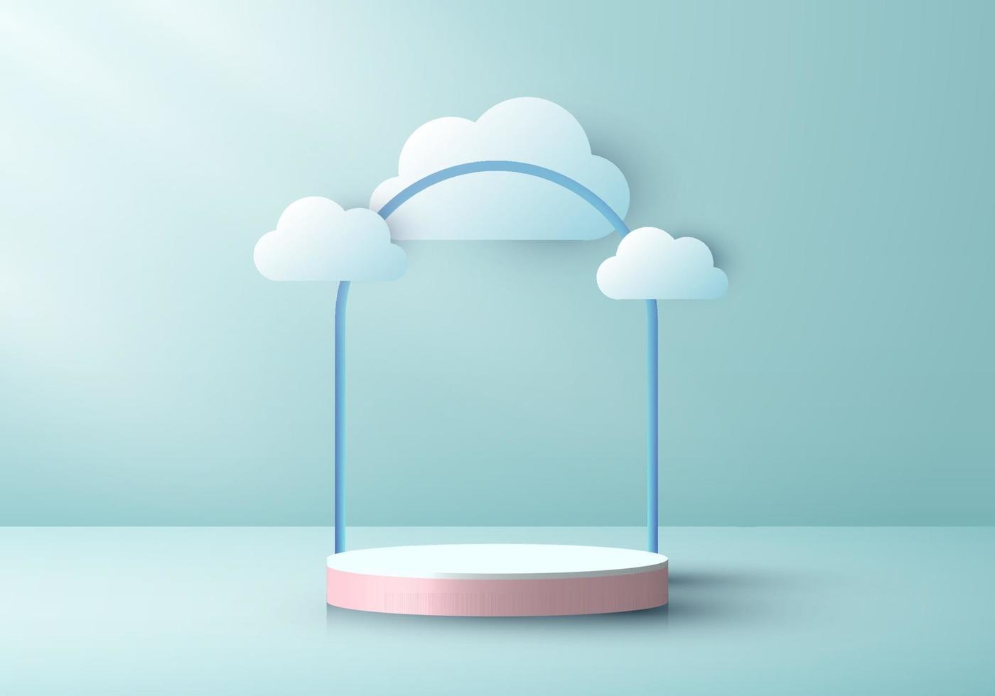 3D pink podium pedestal cylinder with cloud paper cut style vector